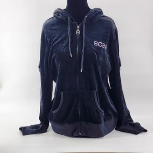 Vintage BCBG Max Azria Velour Hoodie Zipper Jacket Women XL Black Rhinestone Y2K